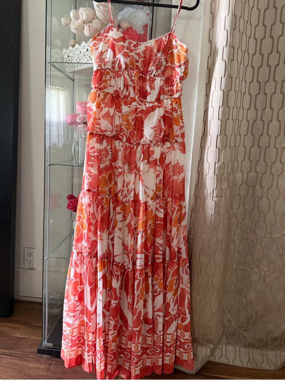 Avec Les Filles Orange & White Floral Tiered Maxi Dress